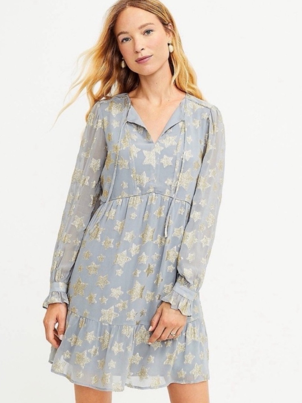 LOFT Grey Long-Sleeve Star Print Mini Dress